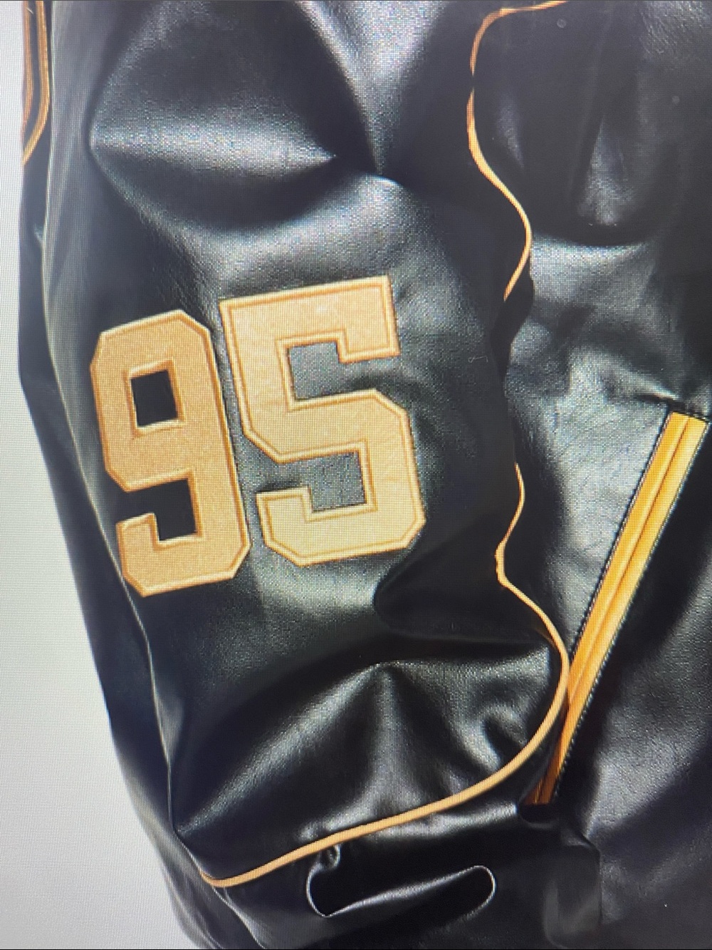 NWT Fashion Nova Black Varsity Faux Leather Jacket with Gold Trim - Picture 9 of 14